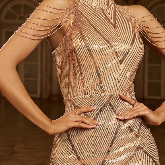 Cold Shoulder Beads Chain Cocktail Dress M01081 - Picture 3 of 6